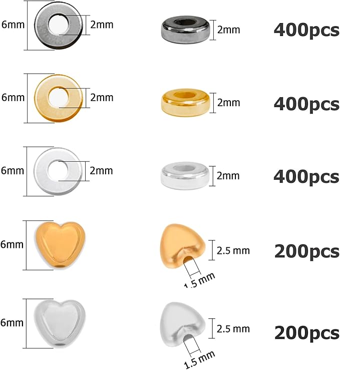 6mm Flat Round Spacer Beads, Clay Beads for Bracelets Making Kit, Heishi Polymer Flat Disc Spacer Beads for Jewelry Making, Clay Beads for Jewelry Making Gold Beads Silver (1600pcs(400Heart))