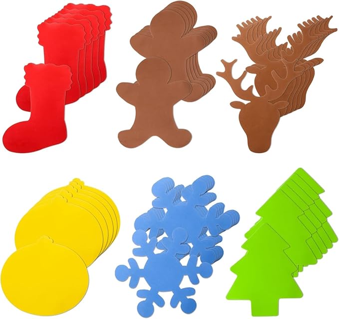 MixTeach 36 Pcs Foam Christmas Cutouts 7'' Christmas Tree Snowflake Elk Stocking Bell Gingerbread Man Shape Die Cuts Colorful Christmas Foam Cutouts for Christmas DIY Crafts Bulletin Board Decor