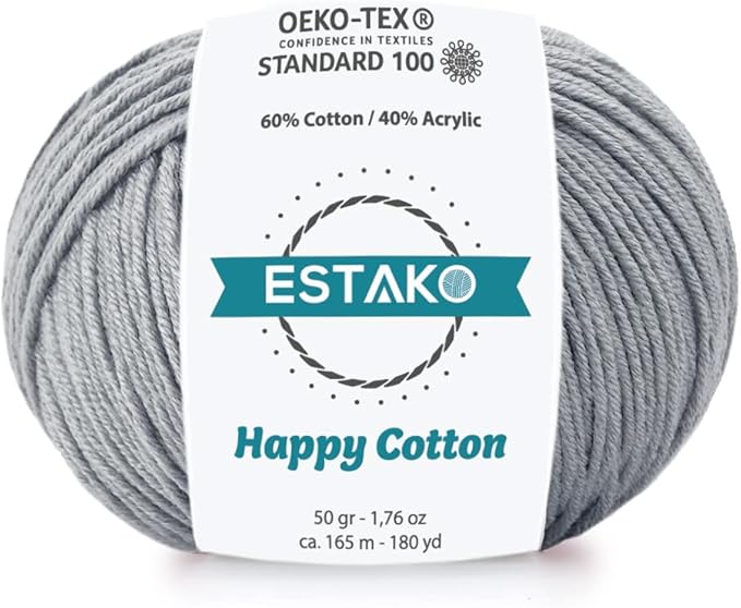 Estako Happy Cotton, 60% Cotton 40% Acrylic Yarn, Soft, Fine/Sport (2) for Crochet and Knitting 1.76 Oz (50g) / 180 Yrds (165m) (4120 - Grey)