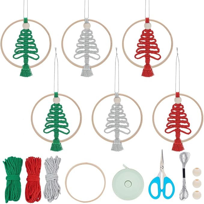 ACRNIGHEET 6 PCS Christmas Tree Macrame Kit for Adults Beginners DIY Christmas Tree Boho Wall Hanging Decor with Instruction Handmade Xmas Crafts Home Ornaments Kit for Holiday