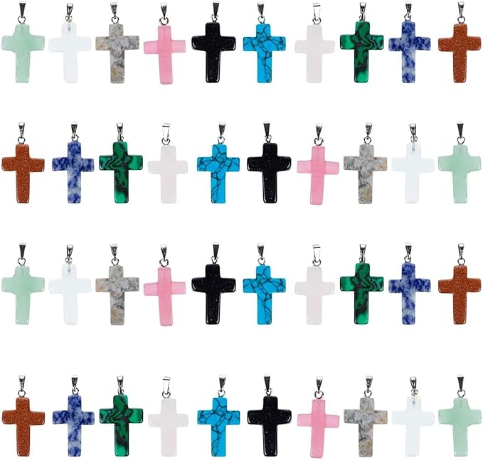 Cross Charms for Jewelry Making Kit - 40-Piece Assorted Gemstone Cross Charms, 10 Colors - Storage Case & Pendant Bails, Keychain Making Kit