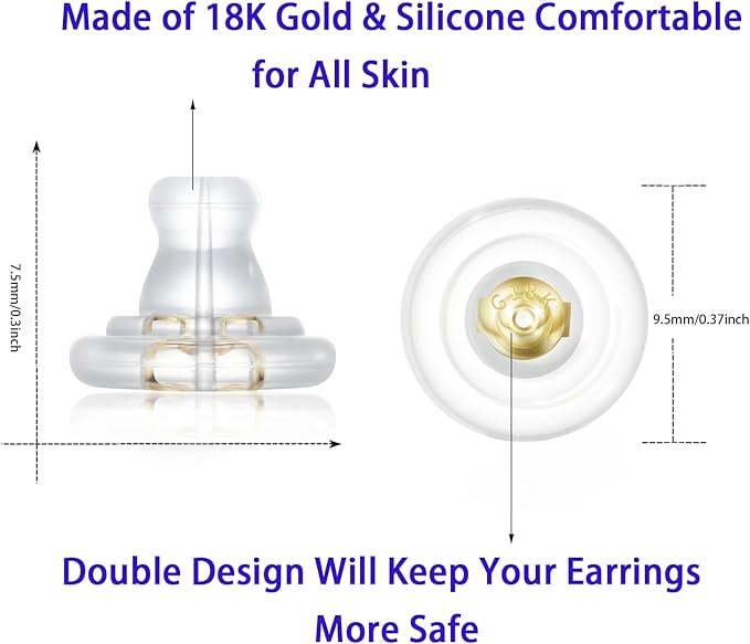 earring backs,18k gold silicone earring backs replacements,locking secure earring backs for studs/droopy ears,no-irritate hypoallergenice soft clear earring backs for adults