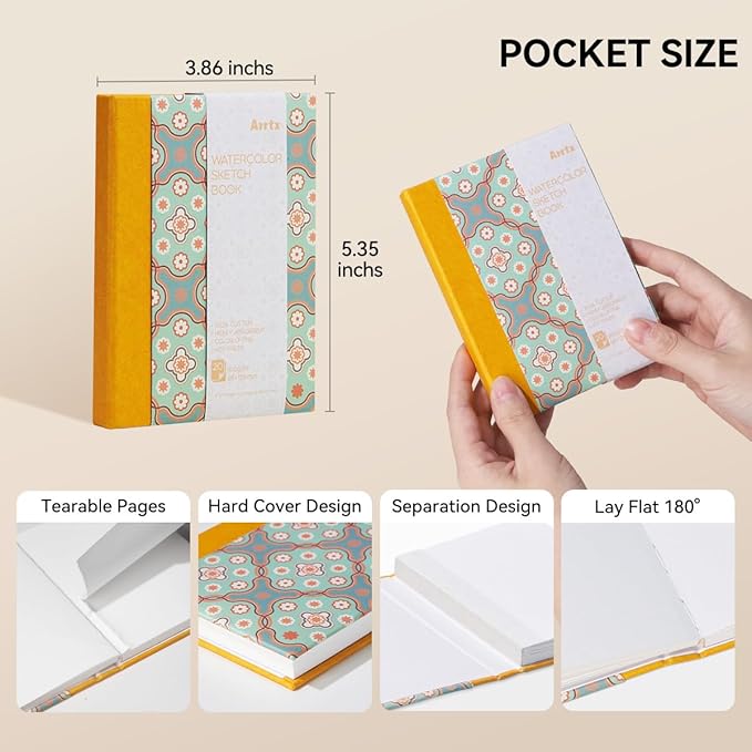 2 Pack Arrtx Watercolor Sketchbook, 5.35x3.86, 140 LB, 300 GSM, 100% Cotton Paper, Hot Press, 40 Sheets, Hardcover Watercolor Journal for Use As Travel Notebook for Artists Adults Students
