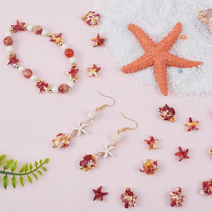 SUNNYCLUE 100PCS 2 Styles Red Turquoise Animal Beads Turtle Starfish Beads Summer Hawaii Ocean Animals Sea Life Lucky Gemstone Loose Spacer Beads for Jewelry Making Beading Kit Bracelets Craft Supply