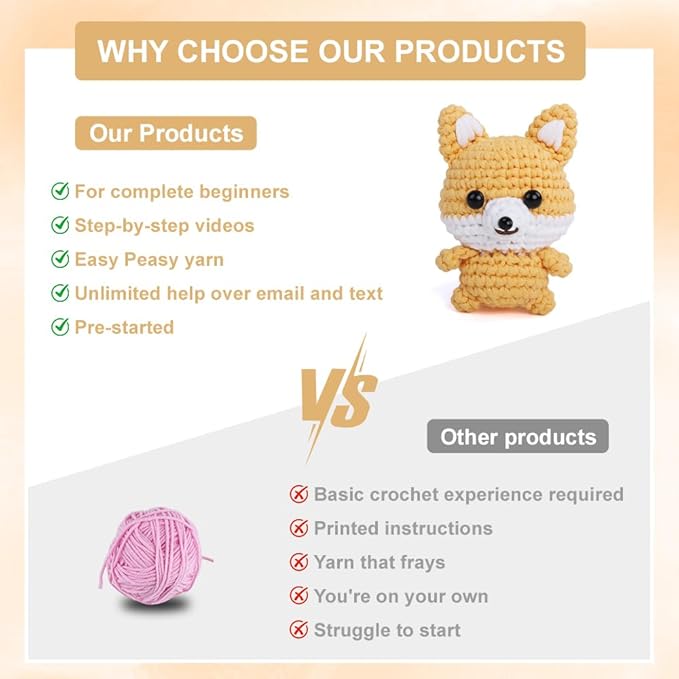 Autglint Fox Crochet Kit for Beginners, Amigurumi Animal DIY Knitting Kit with Step-by-Step Video Guides, Learn to Crochet Kit for Adults & Kids with Pre-Started Yarn - Orange Fox