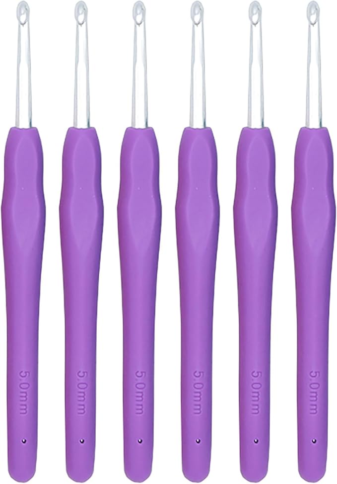 6Pcs 5mm Aluminum Soft Grip Rubber Ergonomic Handle Crochet Hook Knitting Needles US Size H (Size 8) for DIY Yarn Craft,Nice Gift for Women Adults Kids Children Beginners (Purple)