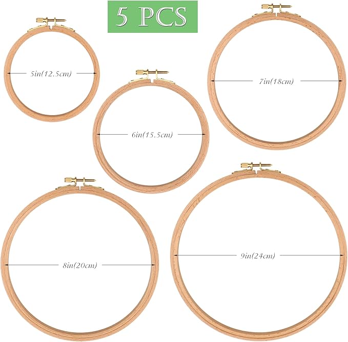 zocone 5 pcs beech wood embroidery hoops, wood circle hoop ring cross stitch hoop for embroidery, cross stitch, needlework, art craft handy sewing and christmas decoration (size-5",6",7",8",9")
