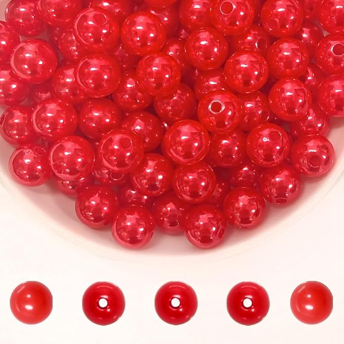 Pearl Beads for Jewelry Making Holes ABS Craft Beads with Holes for Jewelry Making, Bracelet, Necklace Crafting Bulk Bead Kit (8mm, Red/750 pcs)