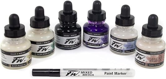 Daler-Rowney FW Acrylic Ink Bottle 6-Color Shimmering Set with Empty Marker - Acrylic Set of Drawing Inks for Artists and Students - Permanent Art Ink Calligraphy Set