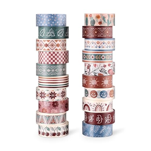 20 Rolls Bohemia Theme Washi Tape Set,Writable Decorative Tapes for Scrapbooking, Junk Journal Supplies, Bullet Journaling, 0.6"x79" per Roll
