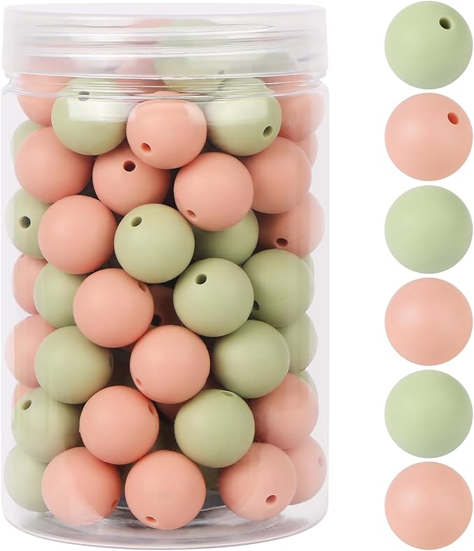 110 Pcs Silicone Focal Beads, EVERMARKET 15mm Silicone Beads for Keychain Making, Round Silicone Beads Bulk with Bottle, Rubber Loose Beads for Pens Crafts Necklace Bracelet Lanyard (Pink Green)