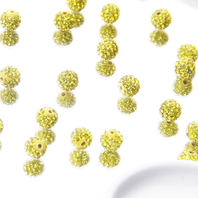 200 Pcs 10mm Rhinestone Beads for Jewelry Making, Yellow Shiny Round Shamballa Disco Baseball Necklace Beads Sparkle Crystal Clay Pave Rhinestones Bead for DIY Bracelet Earring Craft Making Supplies