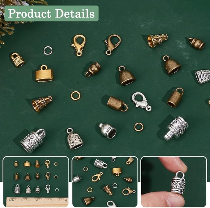 SUNNYCLUE 1 Box 210pcs Leather End Caps Kumihimo Bead Caps Vintage Antique Golden Silver Tube Barrel Rope Tassel Cord Ends Terminal Kits Lobster Clasp Open Rings for Jewelry Making Kit Women Bracelet