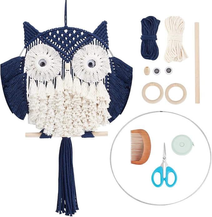 FREEBLOSS DIY Macrame Owl Kit with Video Tutorial Macrame Wall Hanging Ornament Boho Wall Hanging Decor Navy Blue&White Macrame Tapestry Gift Macrame Kit for Beginners