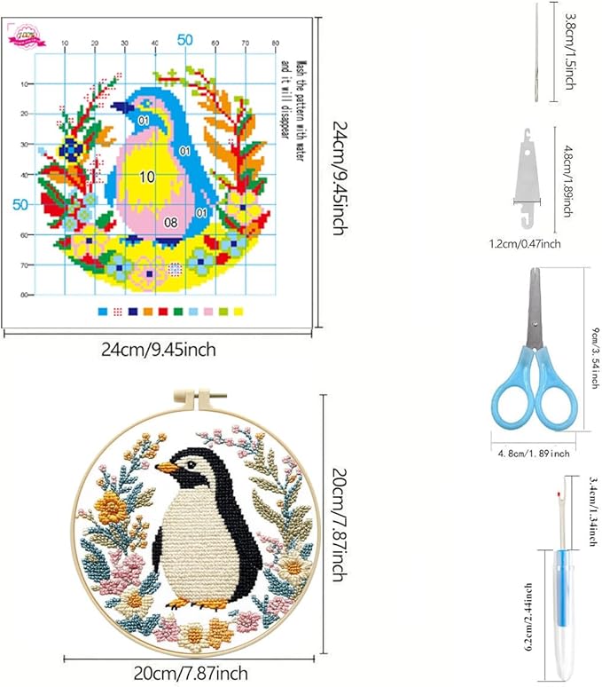 Zhenqing 4-Piece Animal Cross Stitch Kit for Beginners - Complete Set with Pre-Printed 11CT 24x24cm Fabric, Hoop & Tools (Penguin, Sloth, Cow, Deer Designs)(70405)