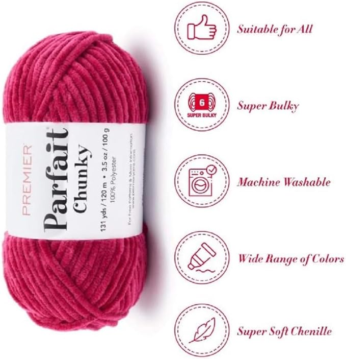 Premier Yarns Parfait Chunky Chenille Yarn 3.5 Oz 6 Super Bulky Weight 3 Pack Bundle with Bella's Stitch Place Holders (Very Berry)