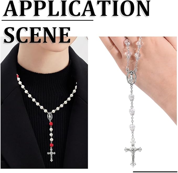 SUNNYCLUE 480Pcs Rosary Making Kit Crucifix Rosary Charms Crucifix Pendants Easter Cross Link Charms Red Rose Flower Bead Imitation Pearl Beads for Jewelry Making Supplies DIY Necklace Bracelet