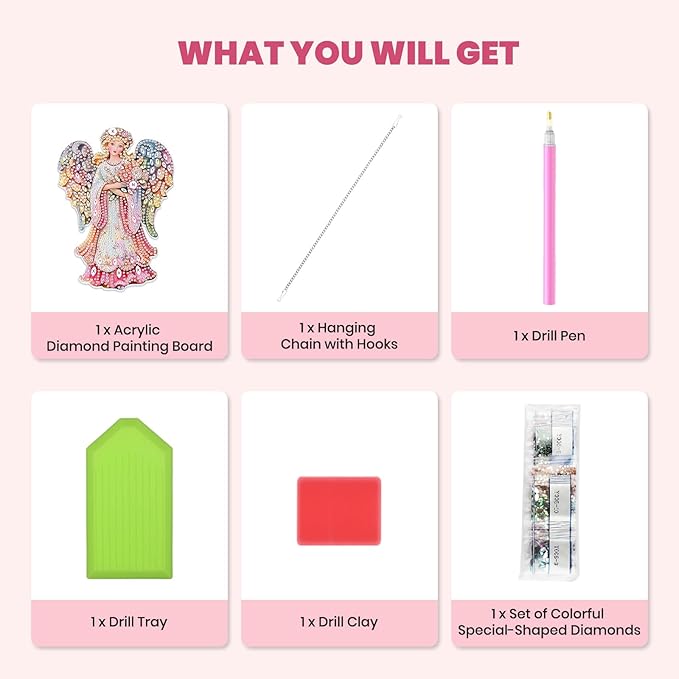 MXJSUA Pink Floral Angel Diamond Art Hanging Kits for Adults Beginners, Acrylic 5D Special Shaped Crystal Diamond Gem Art Painting Hanging Ornament for Home Wall Decor and Gift
