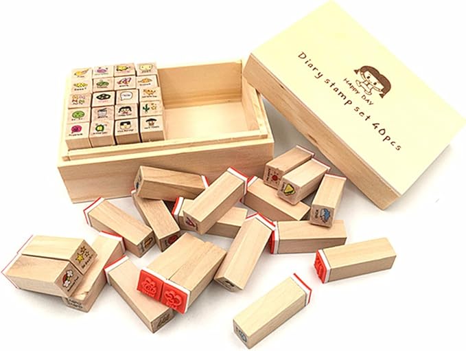 Diary Stamp Set,Wooden Rubber Signet for Children DIY Scrapbooking Planner Card Making(40pcs,Happy Day)