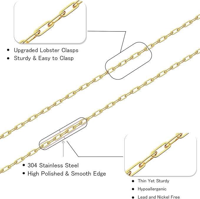 16Ft Stainless Steel Paperclip Chain for Jewelry Making, 2.5mm Width Gold Plated Paper Clip Link Chains Roll for DIY Necklace Bracelet Jewelry Making Supplies with Lobster Clasps Soft Tape Measure