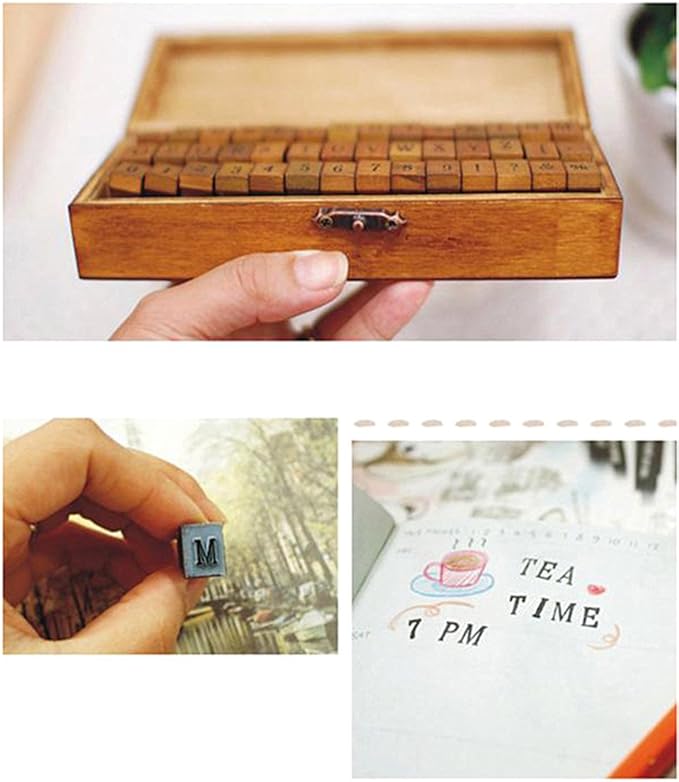 Alphabet Stamps Set,Vintage Wooden Rubber Letter Number and Symbol Diary Stamp Kit for Children DIY Scrapbooking Planner Card Making(70pcs)