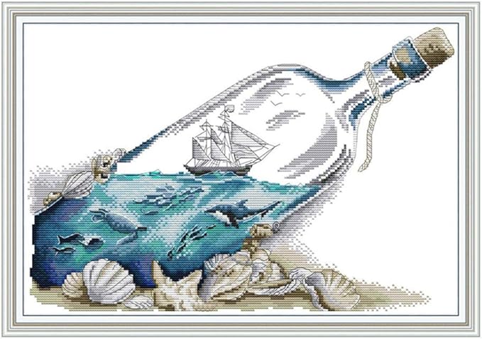 CaptainCrafts Cross Stitch Kits Stamped Cross Sttich Printed Fabric Cross Stitching DIY Art DMC Needlecrafts Embroidery Kit for Adults Beginner (Stamped, Drifting Bottle in The Sea)