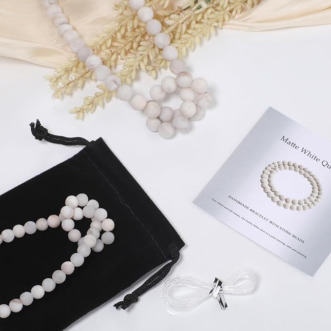 Stone Beads, 45pcs Matte White Quartz, 8mm Round Loose Beads for Jewelry Making, Bracelets, with Bag, String & Card