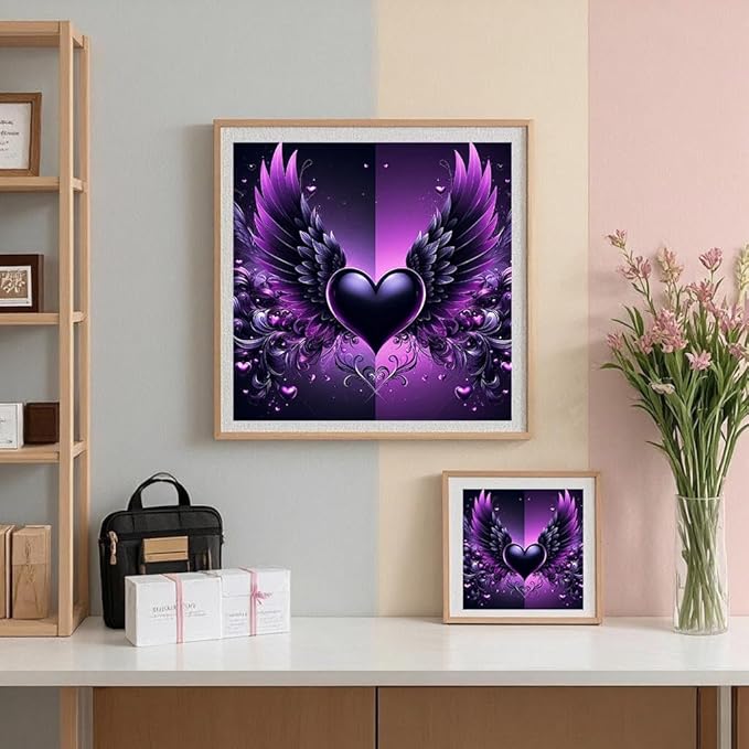 ijbnhd Angel Wings Diamond Art Kits for Adults - Purple Heart Diamond Painting Kits for Beginners, DIY Heart Gem Art Crafts Full Round Drill for Home Walls Decor 12X12Inch