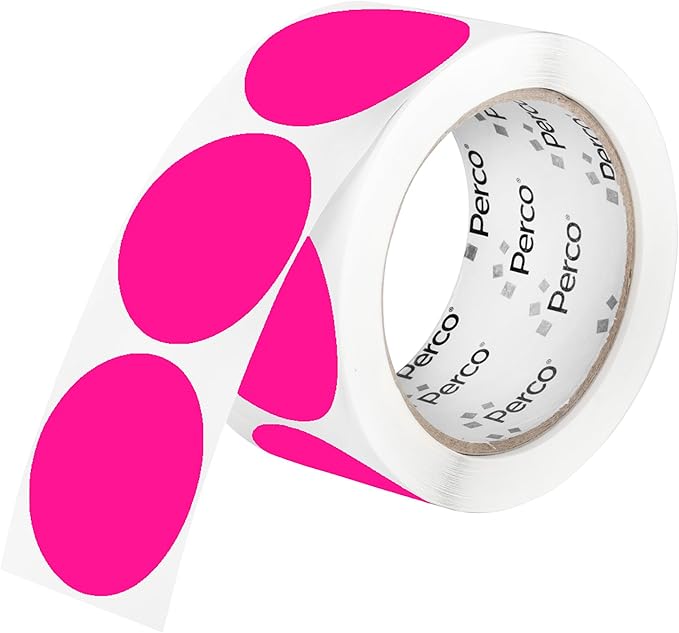 perco fluorescent pink 2-inch perforated circle dot sticker labels — 250 round stickers per roll — with permanent adhesive for organizing, color coding, bin labeling, packaging alerts — made in usa