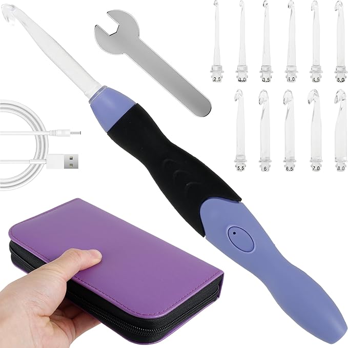 Light Up Crochet Hook Set, 11 Sizes Lighted Crochet Hooks with Case, Rechargeable Crochet Hook 2.5 mm to 8 mm, DIY Crochet Hooks Set for Crocheting and Knitting, Interchangeable Heads Hooks