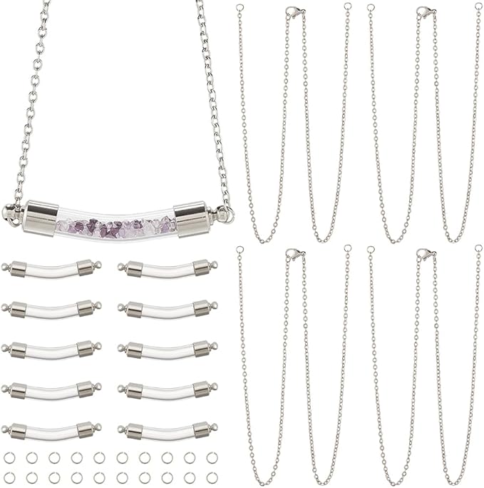 SUNNYCLUE 1 Box DIY 10 Sets Vial Necklace Kit Glass Bottle Necklace Empty Clear Screw Caps Bottles 304 Stainless Steel Glass Vials for Jewelry Making Kits Memorial Keepsake Perfume Hair Mud Supplies