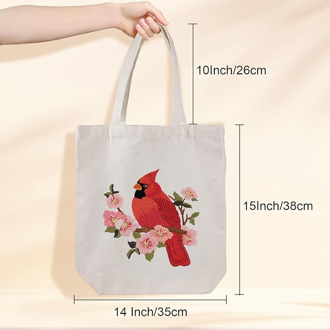 louise maelys canvas tote bag embroidery kit for beginners,cross stitch kits for adults,diy needlepoint include cardinal pattern,women shopping reusable grocery bags