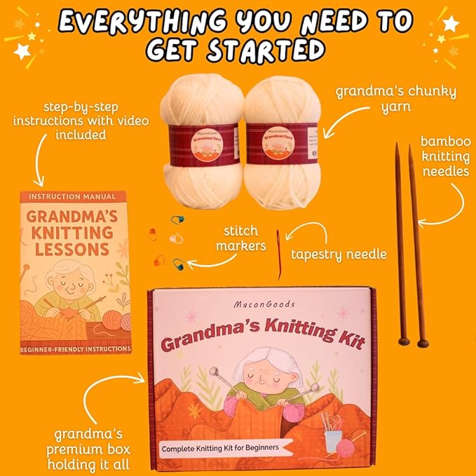 MaconGoods Grandma's Knitting Kit - Complete Knitting Kit for Beginners - Includes Beginner Yarn, Bamboo Needles, Video Tutorial, and Written Guide & More - Easy Learn to Knit Kit