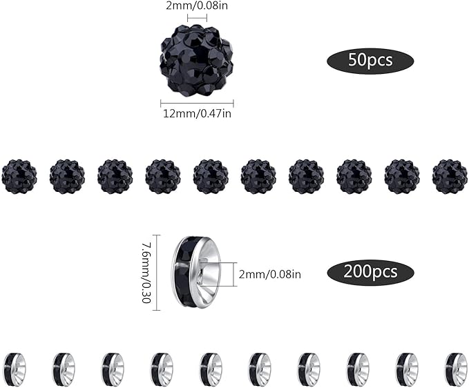 LAIDANLA 250pcs 12mm Black Rhinestone Beads and 8mm Rondelle Spacer Beads for Beadable Pens, Sparkly Shamballa Disco Ball Bead for Bracelets Necklaces Earring DIY Craft