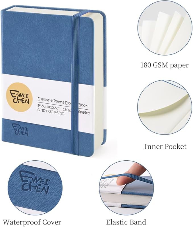 Hardcover 96Pages Blank Sketch Book for Drawing, Small 5.7x4.1 Pocket Journal Notebook for Travel, 180gsm Thick Paper Diary Notebooks for Work, PU Cover Memo for Writing. Dark Blue