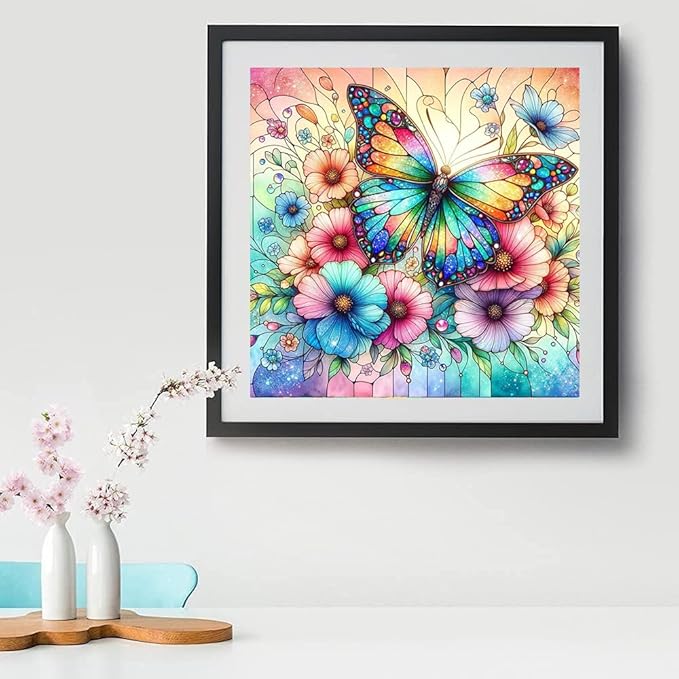 EIBEILI Diamond Painting Kits for Adults, Butterfly Flower 5D Diamond Art Kits for Beginner DIY Full Drill Diamond Dots Crystal Craft Kits for Home Wall Decor Gifts(12X12 Inch/Butterfly)