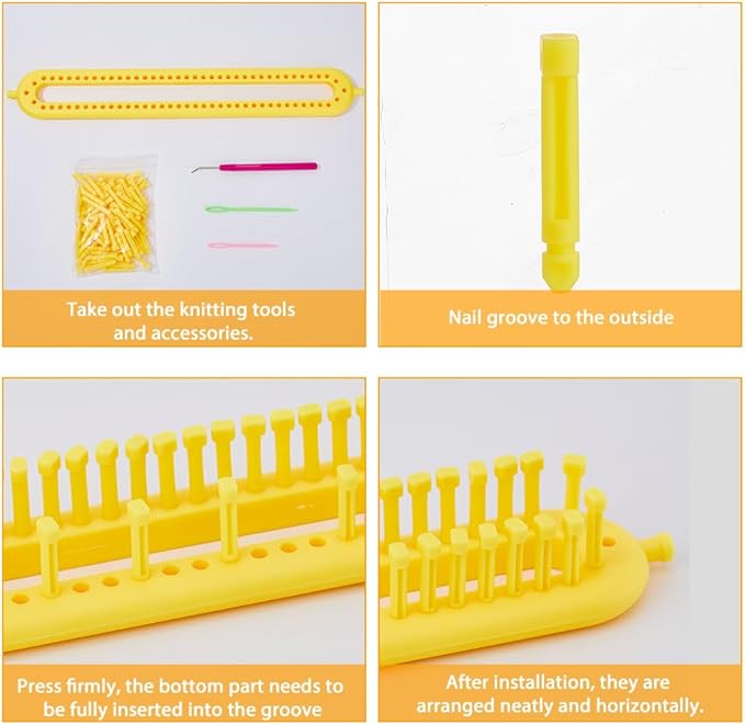 Hobbspring Knitting Loom Set Rectangular Knitting Board Loom Plastic Darning Needle Crochet Yellow Scarf Looms Long Hats Shawl Making Tool DIY Yarn Weaving Kits for Women Adults Beginners 13.9x2in