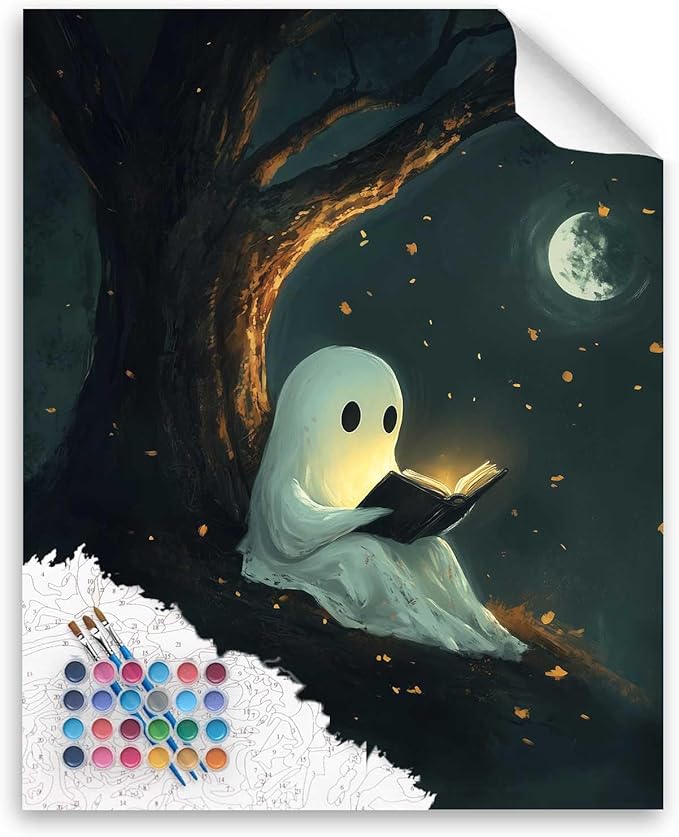 Cawpom Ghost Reading Paint by Numbers Kit for Adults, Halloween Spooky Paint by Number, Funny Ghosts Acrylic Painting, Home Wall Decor - Moon Night(16x20inch, No Frame)