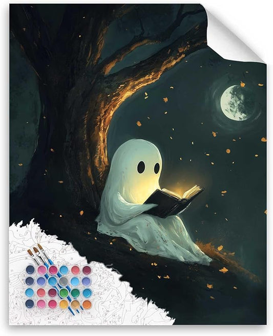 Cawpom Ghost Reading Paint by Numbers Kit for Adults, Halloween Spooky Paint by Number, Funny Ghosts Acrylic Painting, Home Wall Decor - Moon Night(16x20inch, No Frame)