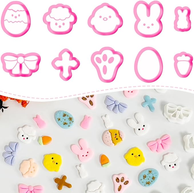 Xaekicr Easter Polymer Clay Cutters Set – 10pcs Clay Earring Cutters for Easter Eggs, Bunny, Chick, Bow and More – DIY Clay Tools & Polymer Clay Molds for Jewelry Making