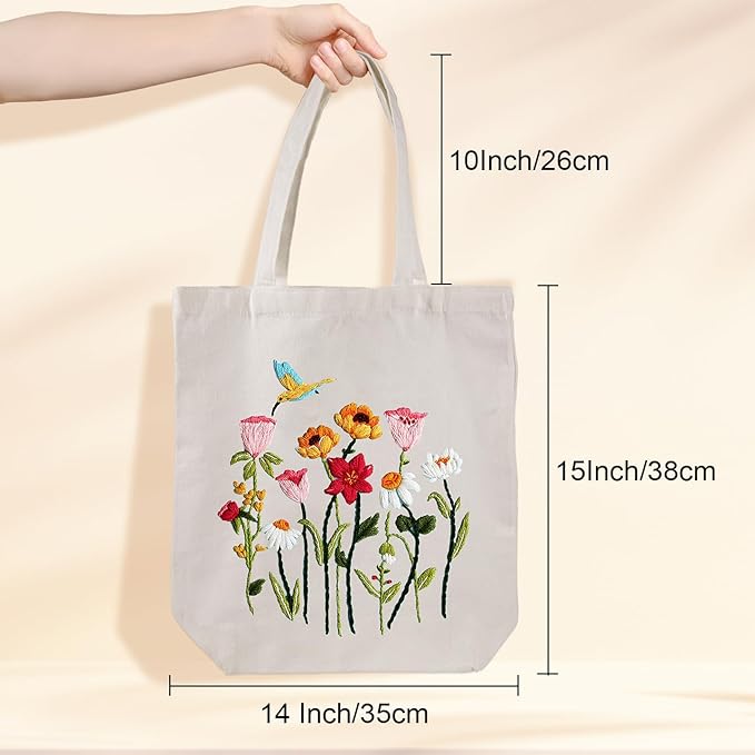 louise maelys embroidery kit canvas tote bag for beginners,cross stitch kits for adults,diy crafts needlepoint include hummingbird floral pattern,women shopping reusable grocery bags
