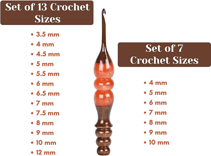 Wooden Crochet Hooks Set for Arthritic Hands | Ergonomic Soft Grip - Resin Mix Indian Rosewood Crochet Hook Set for Crocheting & Knitting (Orange, Set of 13)