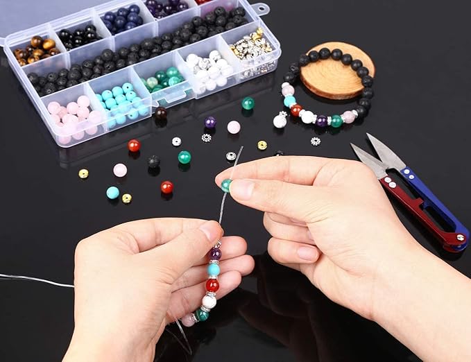 400Pcs Lava Beads Natural Stone Healing Bead Kit, 8mm Black Chakra Beads Spacers Round Crystal Bead for Bracelets Necklace Jewelry DIY Making Kit Supplies