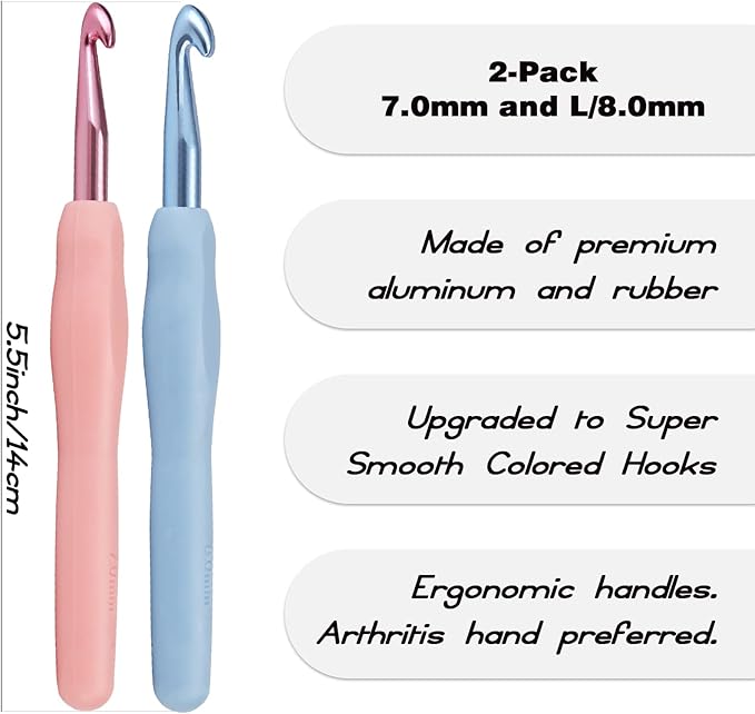 YOJOB 2Pack Size 7.0mm, L / 8.0mm Crochet Hooks, Super Smooth & Ergonomic for Beginner and Advanced (7.0mm, 8.0mm)