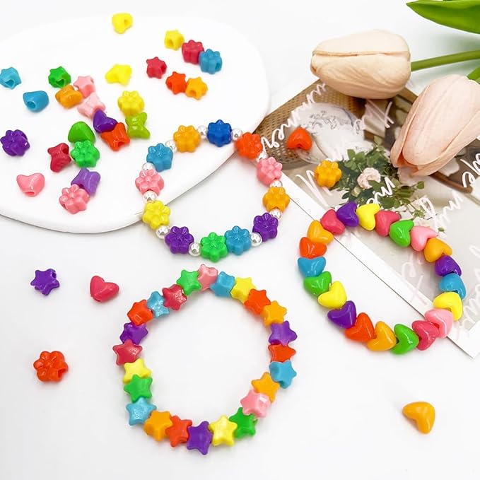 MIIIM 1000Pcs 6x9mm Pony Beads Shapes in 5 Styles 21 Colors, Heart, Star, Butterfly, Flower, Assorted Kandi Beads for Friendship Bracelet, Big Hole Hair Braids Crafts, Jewelry Making (Multi-Colored)