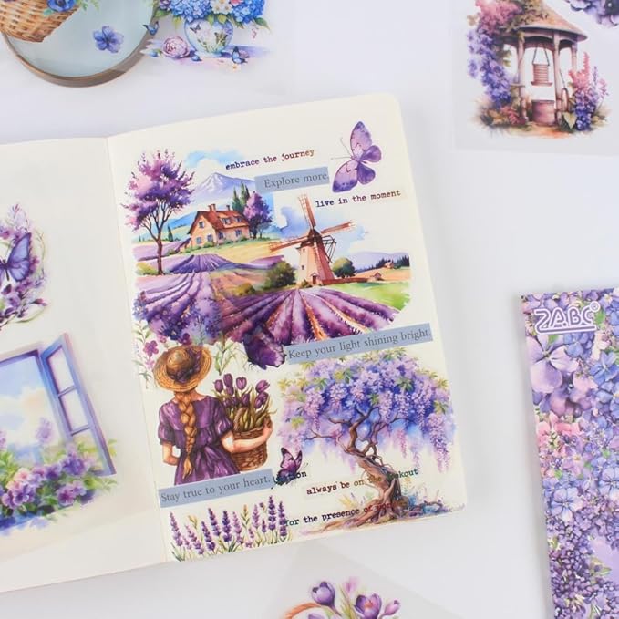 30 Sheets Precut Purple Garden Landscape Stickers Book for Junk Journal Supplies, Transparent PET Stickers for Journaling, Scrapbooking, Bujo, Collage, Card Making