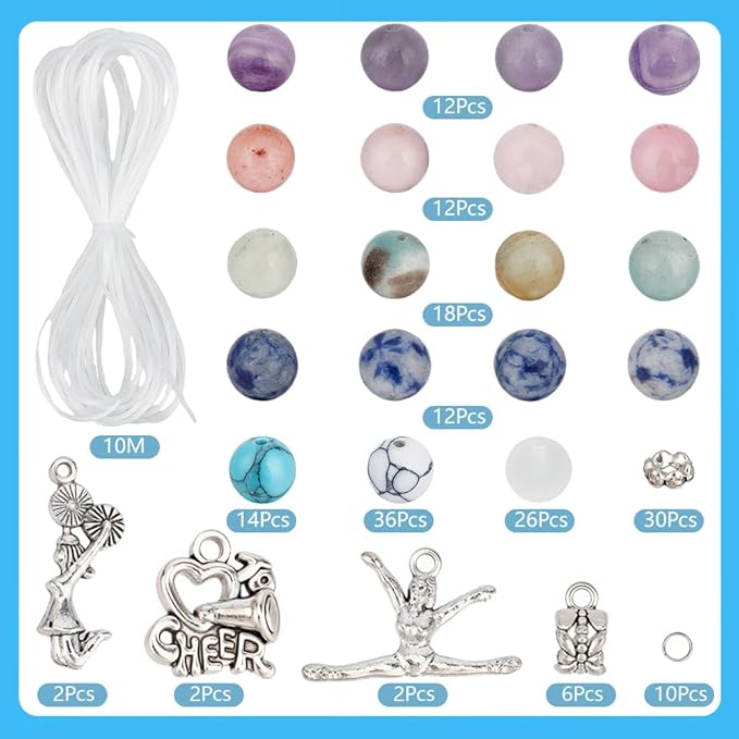 SUNNYCLUE 1 Box About 183Pcs 6 Sets Cheer Bracelet Making Kit Stone Bead Bracelet Kits 8mm Gemstone Crystal Silver Sports Cheerleading Charms Beads for Jewelry Making Set Women Starter Beginners