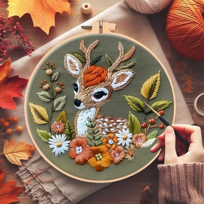 Huacan Embroidery Kits for Adults Beginner DIY Cross Stitch Stamped Christmas Pattern Stitching Deer Sewing Kit 1 Piece 7.8 x 7.8 Inch