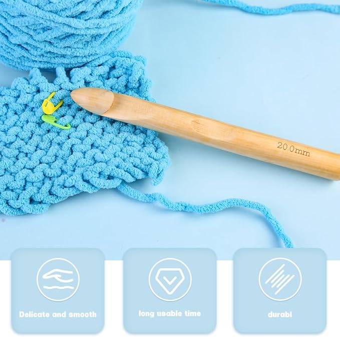 Wooden Crochet Hooks, 20mm Wooden Handle Crochet Hook Bamboo Knitting Crochet Needles with 10 pcs Knitting Stitch Markers for Handcraft Crocheting