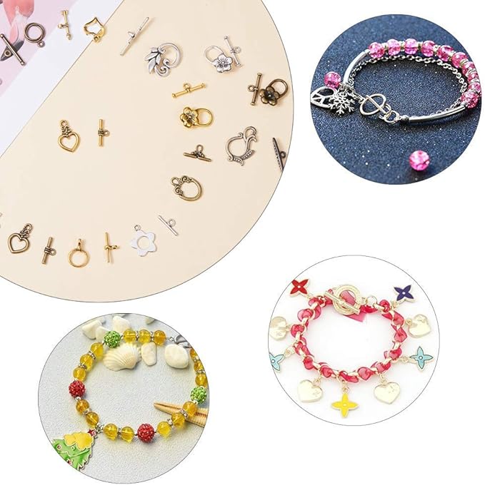 PH PandaHall 60 Sets Toggle Clasp, 15 Styles T-bar Closure Clasps IQ Toggle Clasps Flower Heart Clasps Fastener Hook Toggle Connectors TBar End Clasps for Necklace Bracelet Jewelry Making